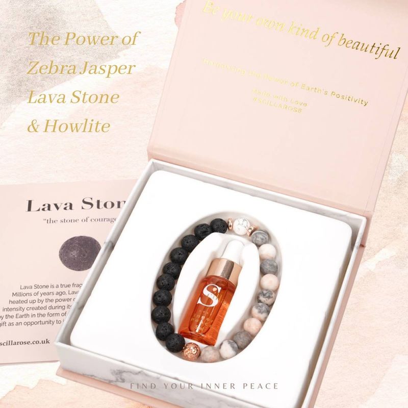 Diffuserarmbånd med krystaller og eterisk olje - sebrajaspis og lavastein, Scilla Rose