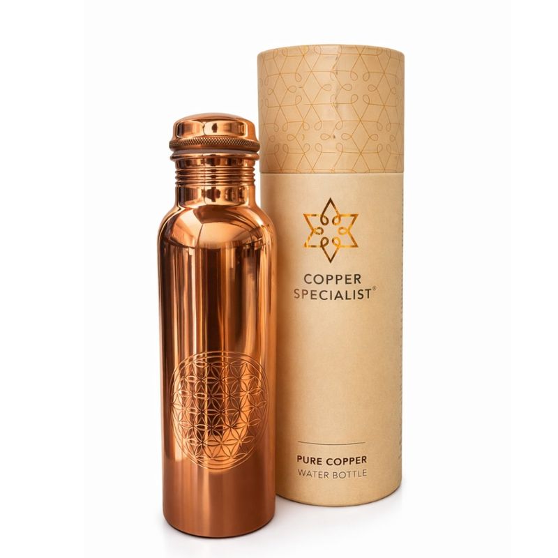 Drikkeflaske i blank kobber - Flower of Life 850ml / Ayurveda Specialist B.V
