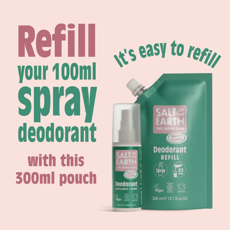 REFILL 300ml - Melon & Cucumber Natural Spray Deodorant / Salt of the Earth 